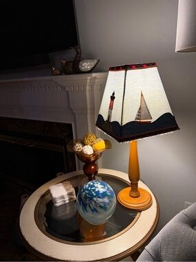 Nautical-Themed Accent Table Lamp W/Hand-Crafted Folk-Art-Style Fabric Lampshade